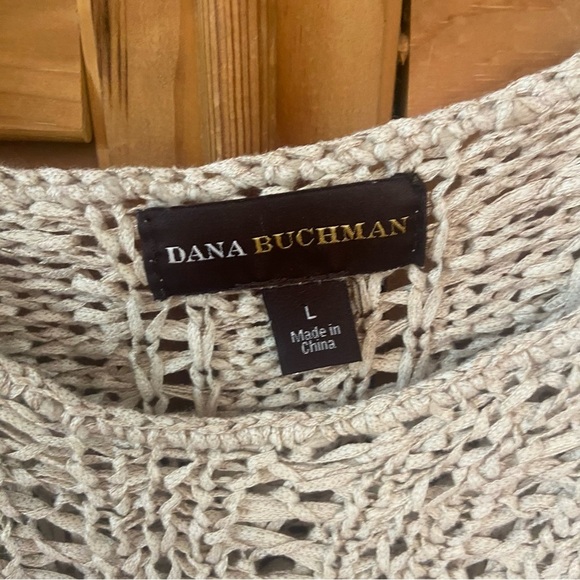 Dana Buchman Open Knit Crochet Sweater Size L Oatmeal Built in Camisole Boho - Picture 12 of 14